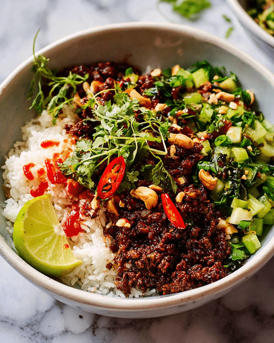 The image shows a white bowl filled with a layered dish. The bottom layer is white rice on one side, topped with a dark brown minced meat sauce mixed with small pieces of chopped nuts scattered over it. On the other side, there are green chopped vegetables with a fresh texture. A small lime wedge is placed near the front edge of the bowl, adding a pop of light green color. There are also some red chili slices and fresh green herbs sprinkled on top, with some bright red sauce drizzled over the meat. The bowl sits on a white marbled surface. photo taken with an iphone --ar 4:5 --v 7