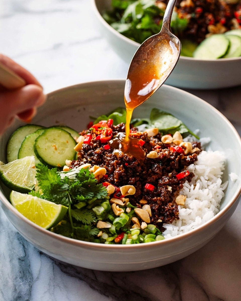 A white bowl filled with three main layers: the bottom layer has fluffy white rice, the middle layer is a dark brown minced meat mixed with chopped peanuts and red chili pieces, and the top layer includes green chopped cucumbers and fresh parsley. A wedge of lime rests on the side of the bowl. Above the bowl, a spoon held by a woman's hand pours a shiny amber-colored sauce over the meat. The background features a second similar bowl with matching ingredients, all placed on a white marbled surface. photo taken with an iphone --ar 4:5 --v 7