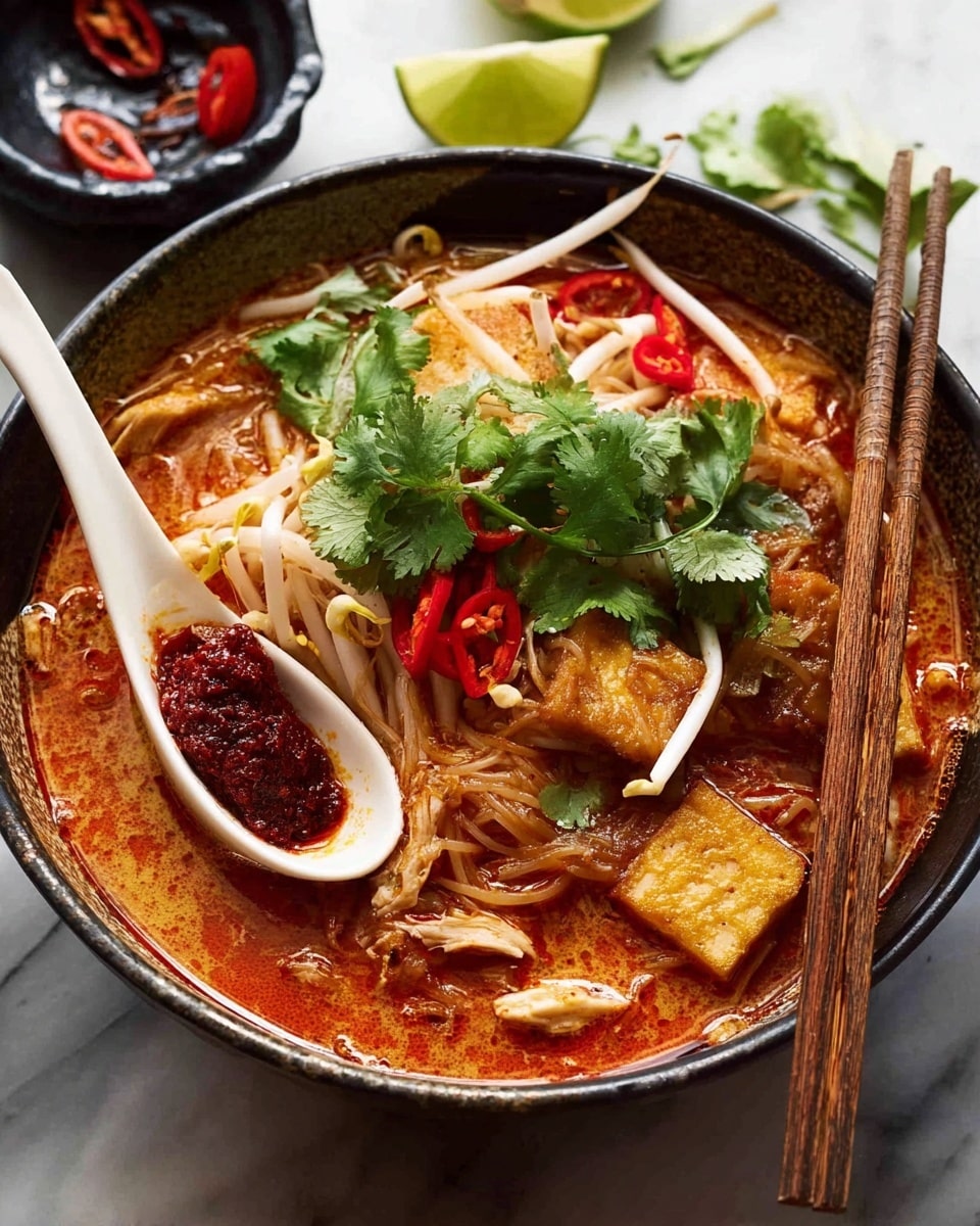 The image shows a close-up of a bowl filled with a creamy orange broth with thin white noodles layered inside. On top of the noodles, there are fresh green cilantro leaves and thin slices of red chili peppers scattered around. A woman's hand is holding chopsticks that pick up a piece of soft tofu with an orange sauce coating it, lifted slightly above the bowl. The bowl is white and has a smooth surface. The dish sits on a white marbled surface visible in the background. photo taken with an iphone --ar 4:5 --v 7