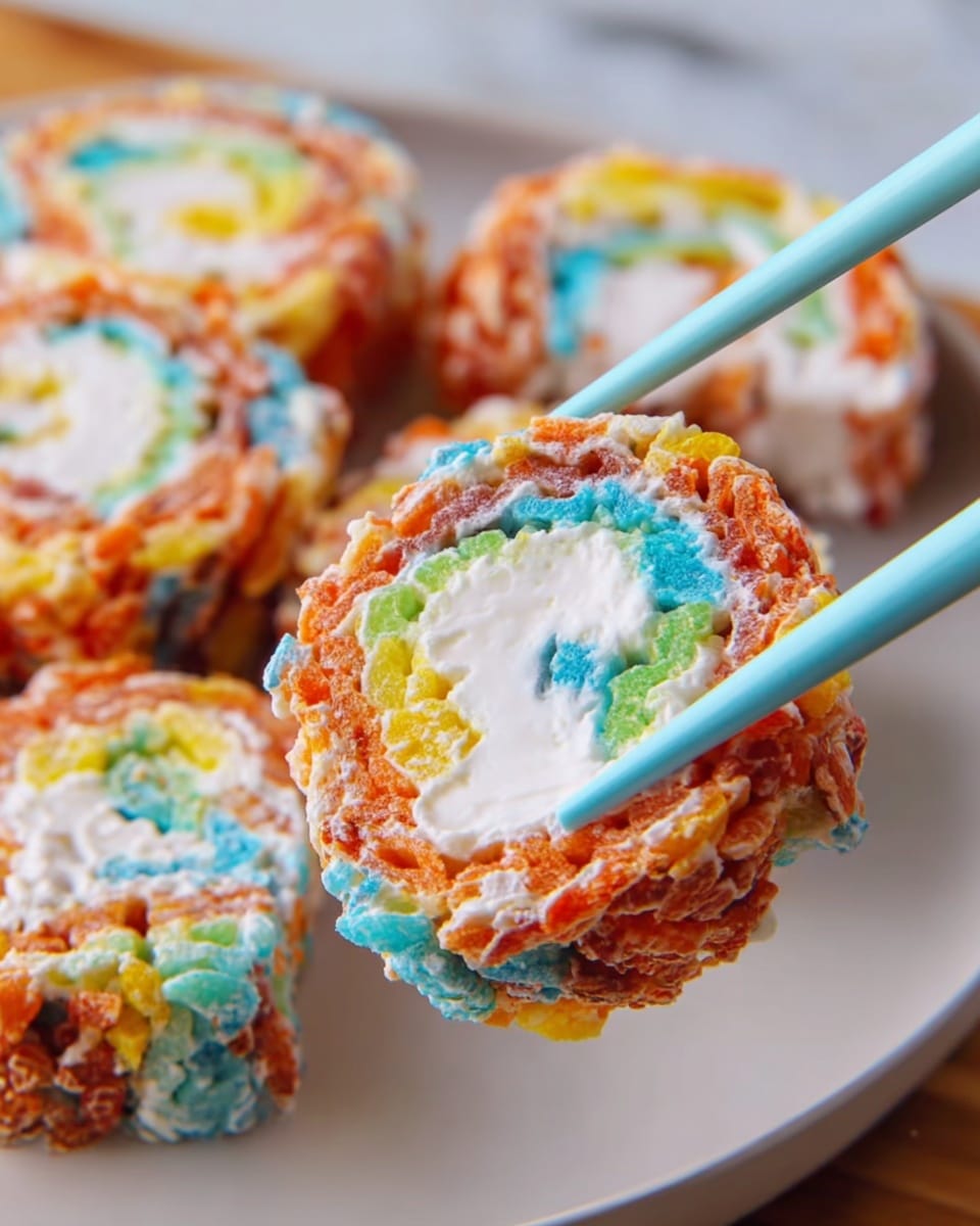 The image shows a close-up of colorful sushi rolls held by a pair of pale blue chopsticks. Each sushi roll has two main layers: the outer layer is made of bright, multi-colored crispy rice with visible pieces of blue, orange, yellow, and green, giving a crunchy texture, while the inner layer is white creamy filling, smooth and soft, spiraled in the center. The sushi rolls are placed on a white plate with a few more rolls blurred in the background. The whole scene is set against a white marbled surface. photo taken with an iphone --ar 4:5 --v 7