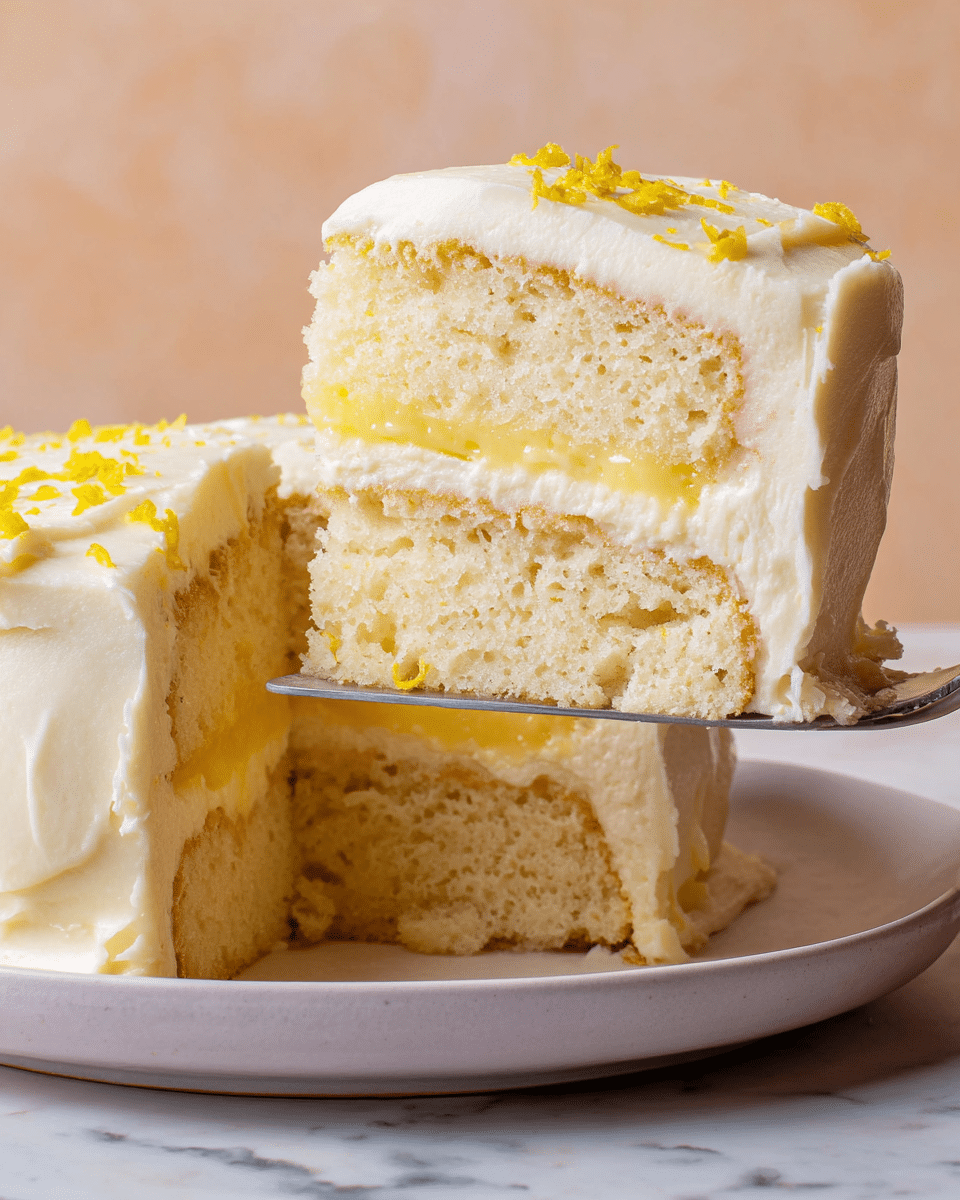 A slice of a two-layer light yellow cake is being lifted on a silver spatula from a white plate; each cake layer looks soft and spongy with tiny holes. Between the layers, there is a thin bright yellow lemon filling and a smooth pale cream frosting layer. The outside is evenly coated with the same creamy white frosting, topped with small yellow lemon zest bits scattered on the top. The cake sits on a white marbled surface with a blurred light peach background. photo taken with an iphone --ar 4:5 --v 7