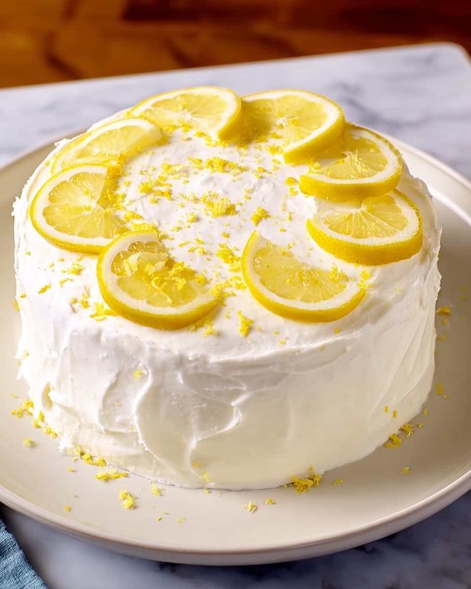 A round cake with two visible layers covered in smooth white frosting, placed on a white plate. The top layer is decorated with a circle of fresh lemon wedges along the edge and sprinkled with small bits of lemon zest scattered across the flat frosted surface. The white frosting has gentle swirls creating a soft texture across the top and sides. The photo is taken on a white marbled surface. photo taken with an iphone --ar 4:5 --v 7