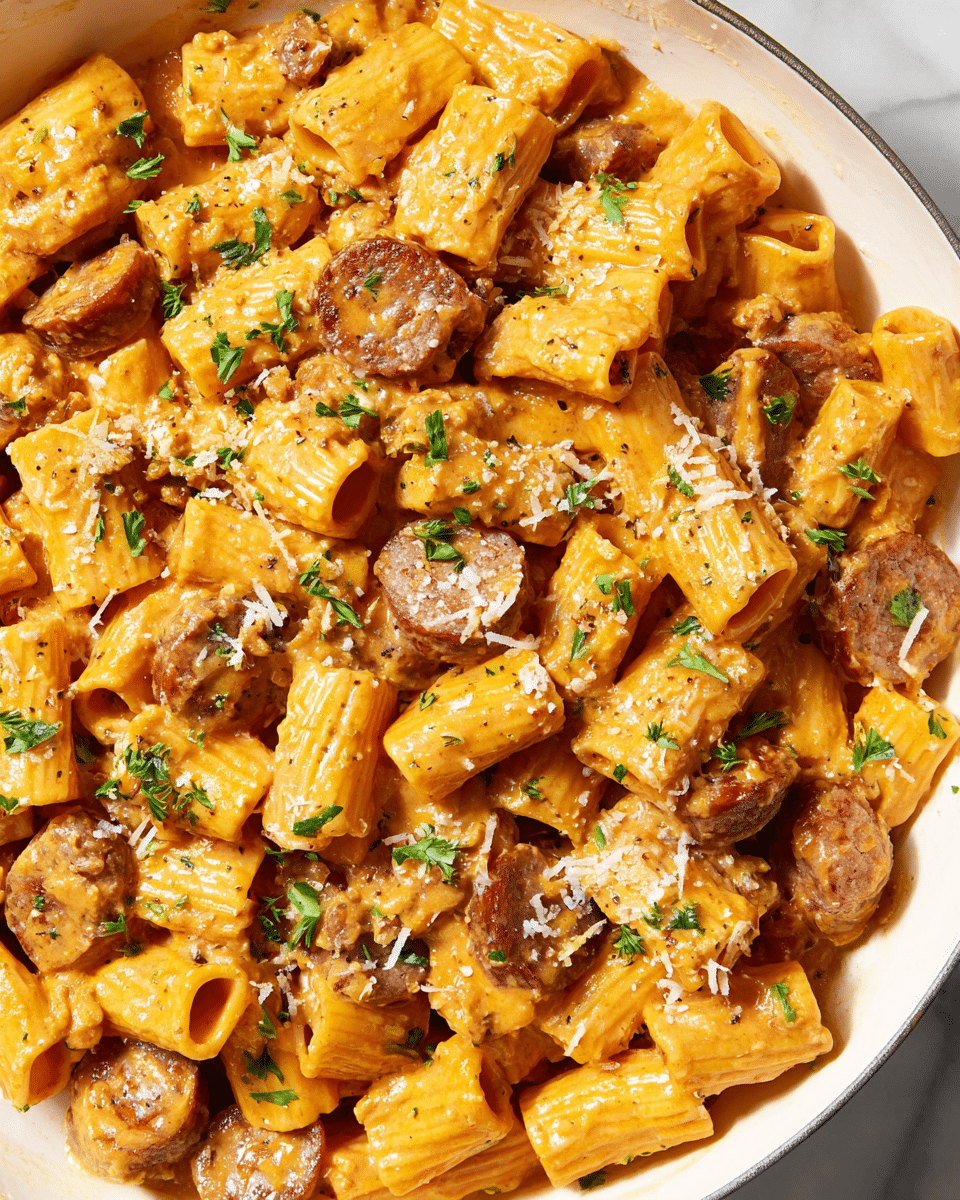 The image shows a close-up view of a dish made of rigatoni pasta mixed with sliced brown sausages. The pasta is coated in a creamy orange sauce that fills the ridges of the rigatoni, giving it a smooth and rich look. Small green parsley pieces are sprinkled evenly over the dish, adding fresh color contrast. Light-colored grated cheese is scattered in small amounts on top, adding a textured, grainy layer. The pasta and sausage mixture fills a white pan with a small part of its edge visible, placed on a white marbled surface. Photo taken with an iphone --ar 4:5 --v 7