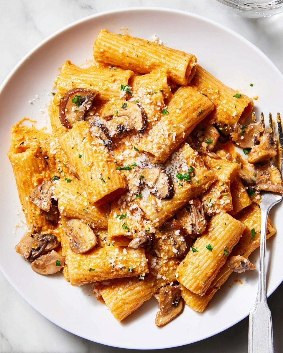 A white plate filled with rigatoni pasta coated in a creamy orange sauce mixed with sliced brown mushrooms and sprinkled with grated cheese and small green herb pieces. The pasta tubes are arranged in layers, some overlapping, with sauce clinging to their ridged surfaces and a few mushroom pieces scattered on top and around. A fork with a mushroom piece on its tines rests on the right side of the plate. The plate sits on a white marbled surface. photo taken with an iphone --ar 4:5 --v 7