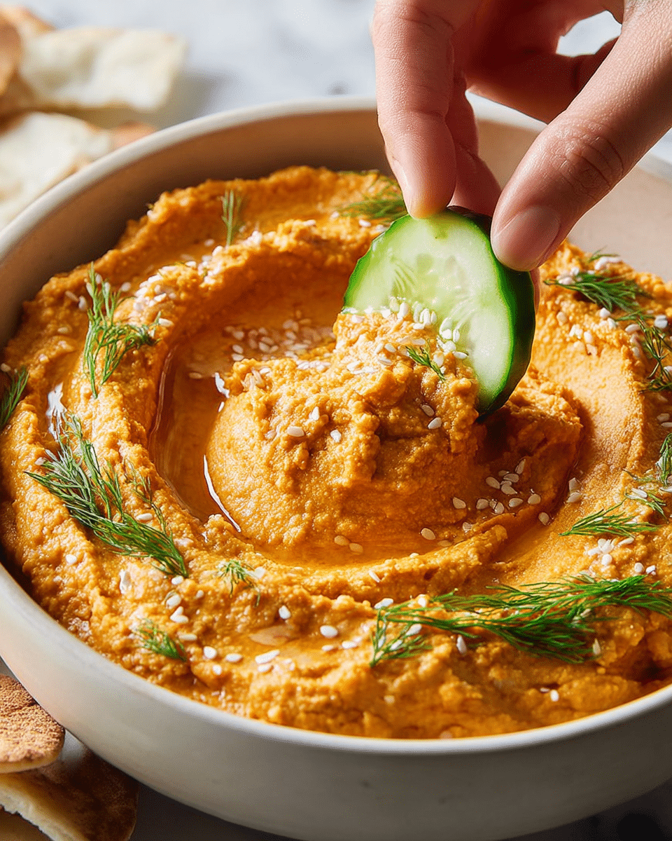 A deep white bowl filled with a thick, creamy orange dip that has a slightly rough texture and swirling pattern on the top, garnished with small green dill sprigs and sprinkled white sesame seeds. A woman's hand is dipping a bright green cucumber slice into the dip on the right side. The bowl is set on a white marbled surface with some white pita chips partially visible in the background. Photo taken with an iphone --ar 4:5 --v 7