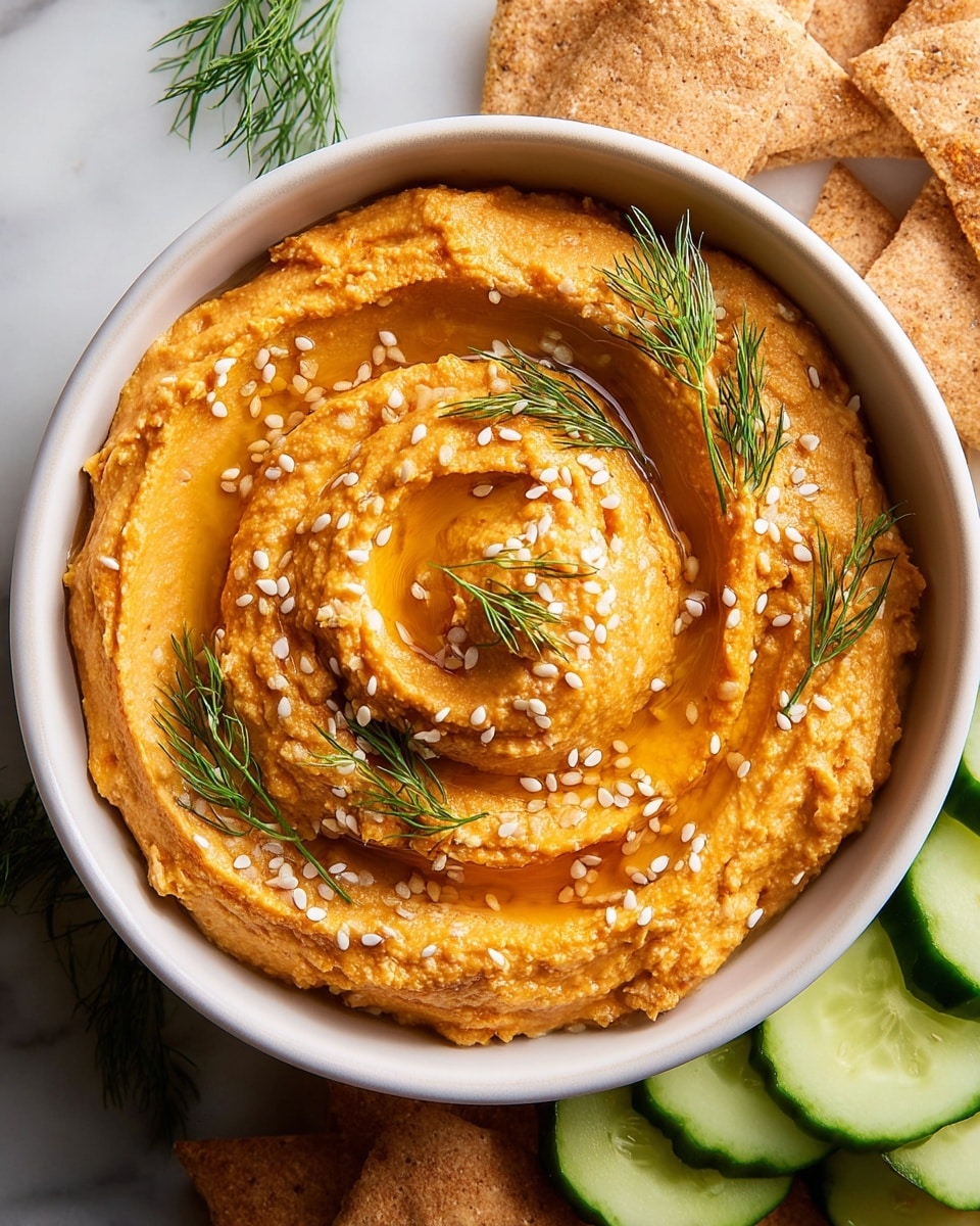 A bowl filled with one thick layer of smooth, orange hummus swirled into a spiral shape, with a slight glossy shine from olive oil pooling in the center and along the ridges. The hummus is topped with small white sesame seeds scattered evenly and fresh green dill sprigs placed gently on top. The bowl is white, set on a white marbled surface, surrounded by light tan pita chips and bright green cucumber slices around it. Photo taken with an iphone --ar 4:5 --v 7