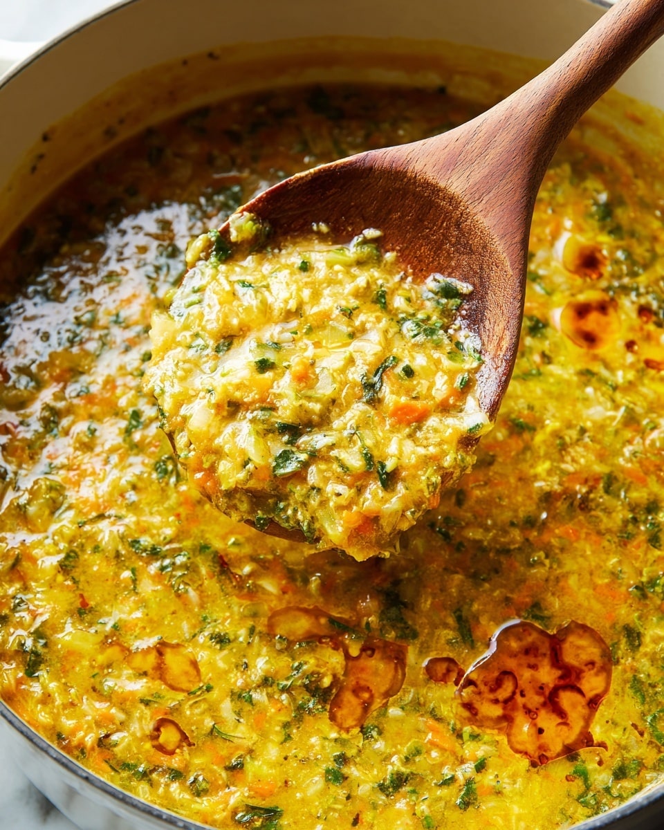 A close-up of a creamy soup in a white pot, showing a mix of orange, yellow, green, and white colors and chunky textures from vegetables and herbs. A wooden spoon lifts a portion of the soup, revealing the thick consistency with visible bits of finely chopped vegetables and herbs. The soup surface has a shiny, oily sheen with orange oil spots floating on top. The background is a white marbled texture. photo taken with an iphone --ar 4:5 --v 7