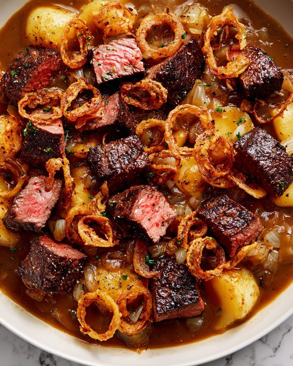 Close-up view of a dish showing thick cubes of medium-rare steak with a dark brown charred outside and pink inside, scattered over a base of light yellow sliced potatoes partially covered in gravy. Thin, crispy golden-brown fried onion rings are spread evenly on top, adding texture and color contrast. The rich brown gravy around the meat and potatoes adds a glossy shine, accentuating the warmth and juiciness of the ingredients. The entire dish is presented on a white plate set against a white marbled background. photo taken with an iphone --ar 4:5 --v 7