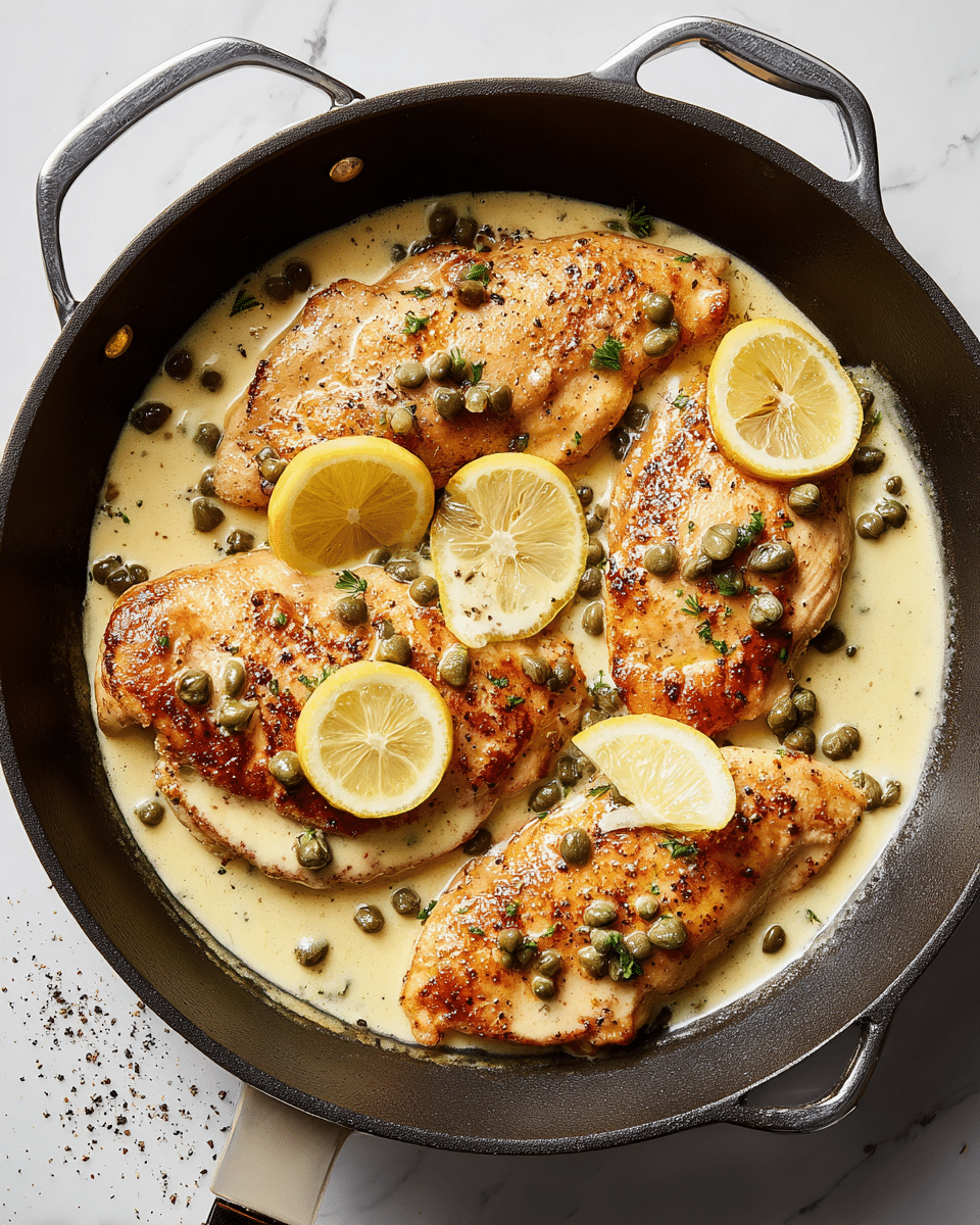 Four browned chicken breasts are placed in a dark cast iron pan, covered in a creamy light yellow sauce dotted with small green capers. Three lemon wedges rest on the chicken, adding a fresh yellow accent to the dish. The pan sits on a white marbled surface with some scattered ground black pepper. photo taken with an iphone --ar 4:5 --v 7