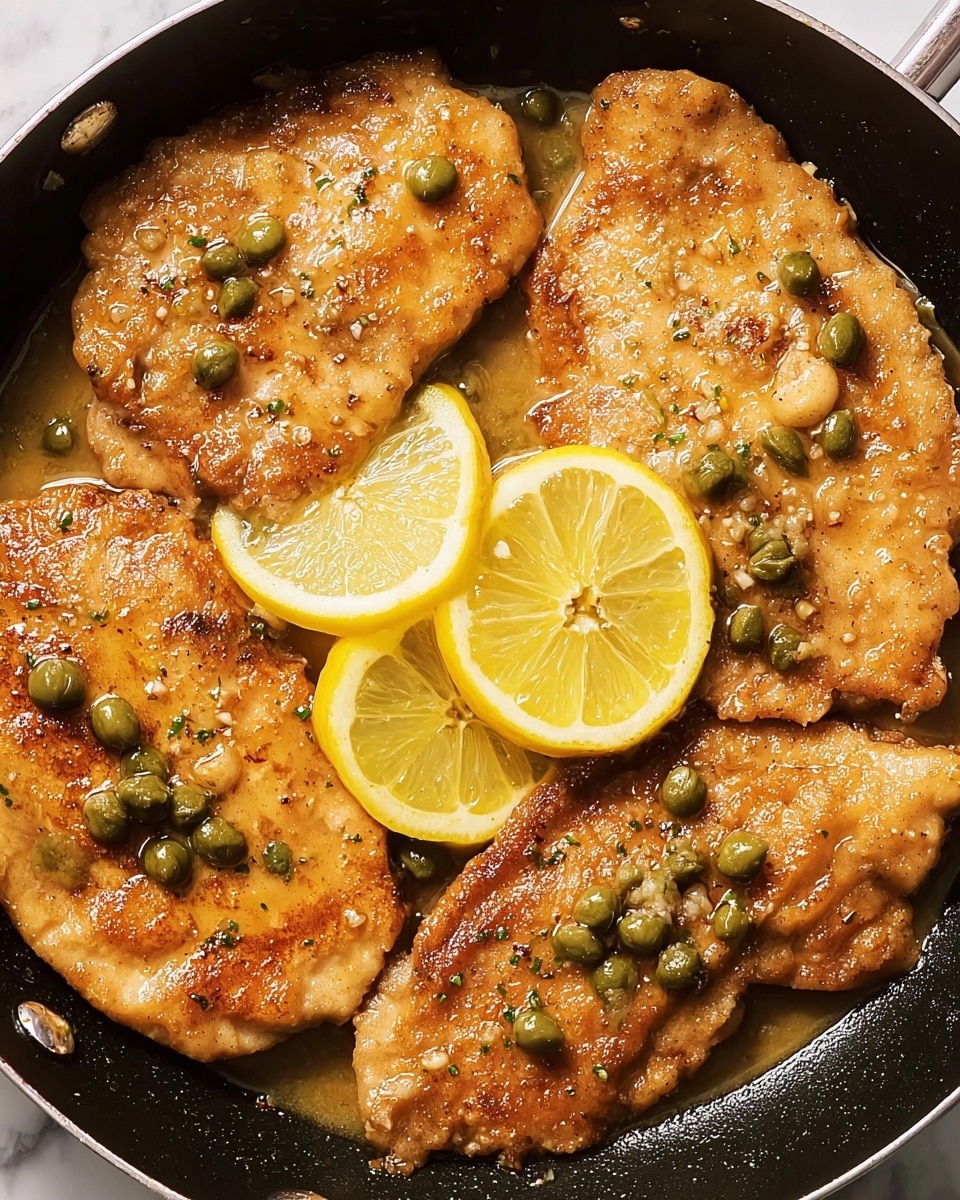The image shows four golden-brown fried chicken cutlets arranged in a round black pan, each piece glistening with a light sauce and sprinkled with green capers. Three bright yellow lemon wedges are placed between the cutlets, adding a pop of color. The chicken pieces have a slightly crispy texture with some darker brown spots from cooking. The pan is filled with a light, glossy sauce that covers the bottom and slightly coats the chicken. The whole scene is set against a white marbled texture. photo taken with an iphone --ar 4:5 --v 7