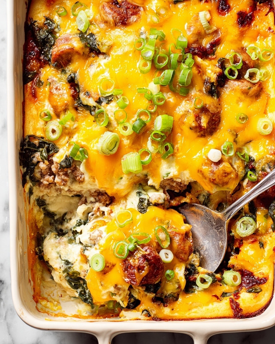 A close-up top view of a baked casserole in a white square baking dish, showing multiple layers. The bottom layer is a creamy white cheese mixture, topped with slices of browned sausage and dark green cooked leafy vegetables. Over that, a generous layer of melted bright yellow cheddar cheese covers the surface, sprinkled with fresh, thinly sliced light green scallions. A silver serving spoon lifts a portion, revealing the soft, slightly browned layers beneath, including some gooey melted cheese stretching from the spoon. The background is a white marbled texture. Photo taken with an iphone --ar 4:5 --v 7