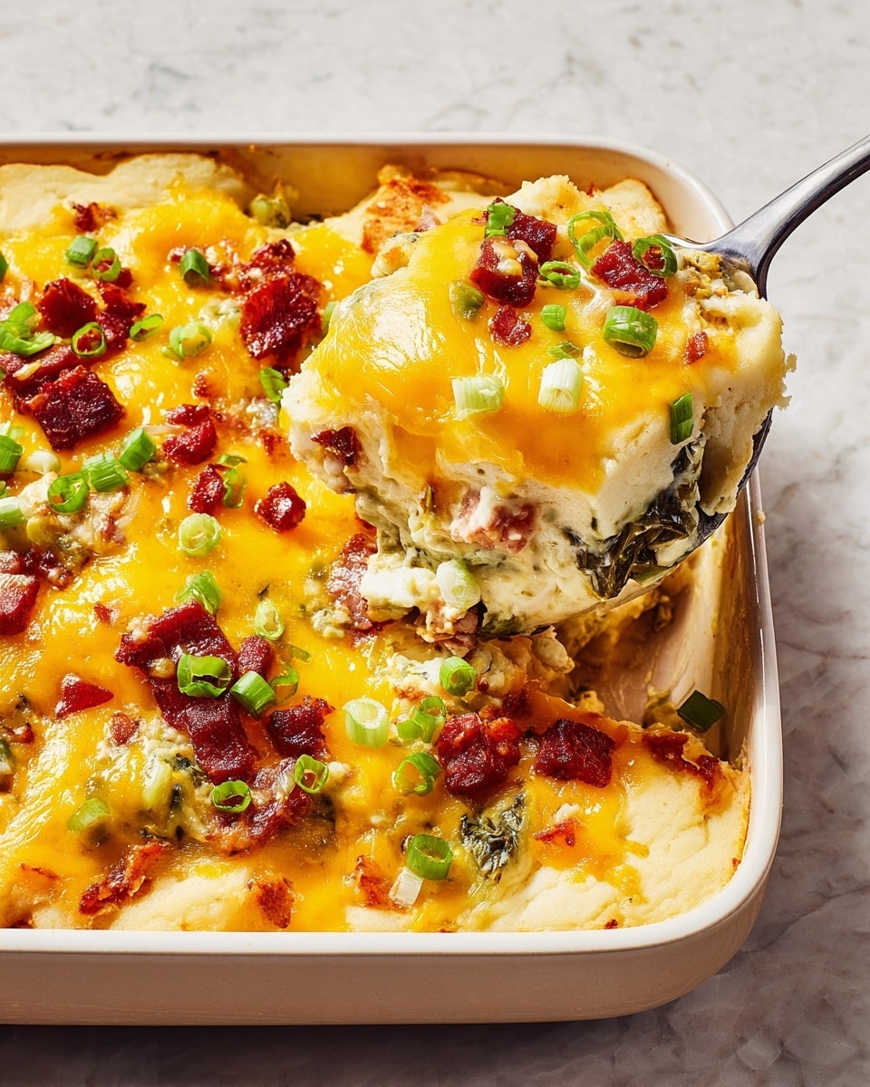 A close-up of a baked casserole with several layers: the bottom layer looks like soft, light-colored dough or crust; the middle layer is mixed with white creamy cheese and green vegetables; the top layer is covered evenly with melted bright yellow cheddar cheese, small pieces of cooked red sausage, and chopped green onions scattered all over. The casserole is in a white dish, and a metal spoon is lifting a spoonful showing all the layers clearly. The background is a white marbled texture. photo taken with an iphone --ar 4:5 --v 7