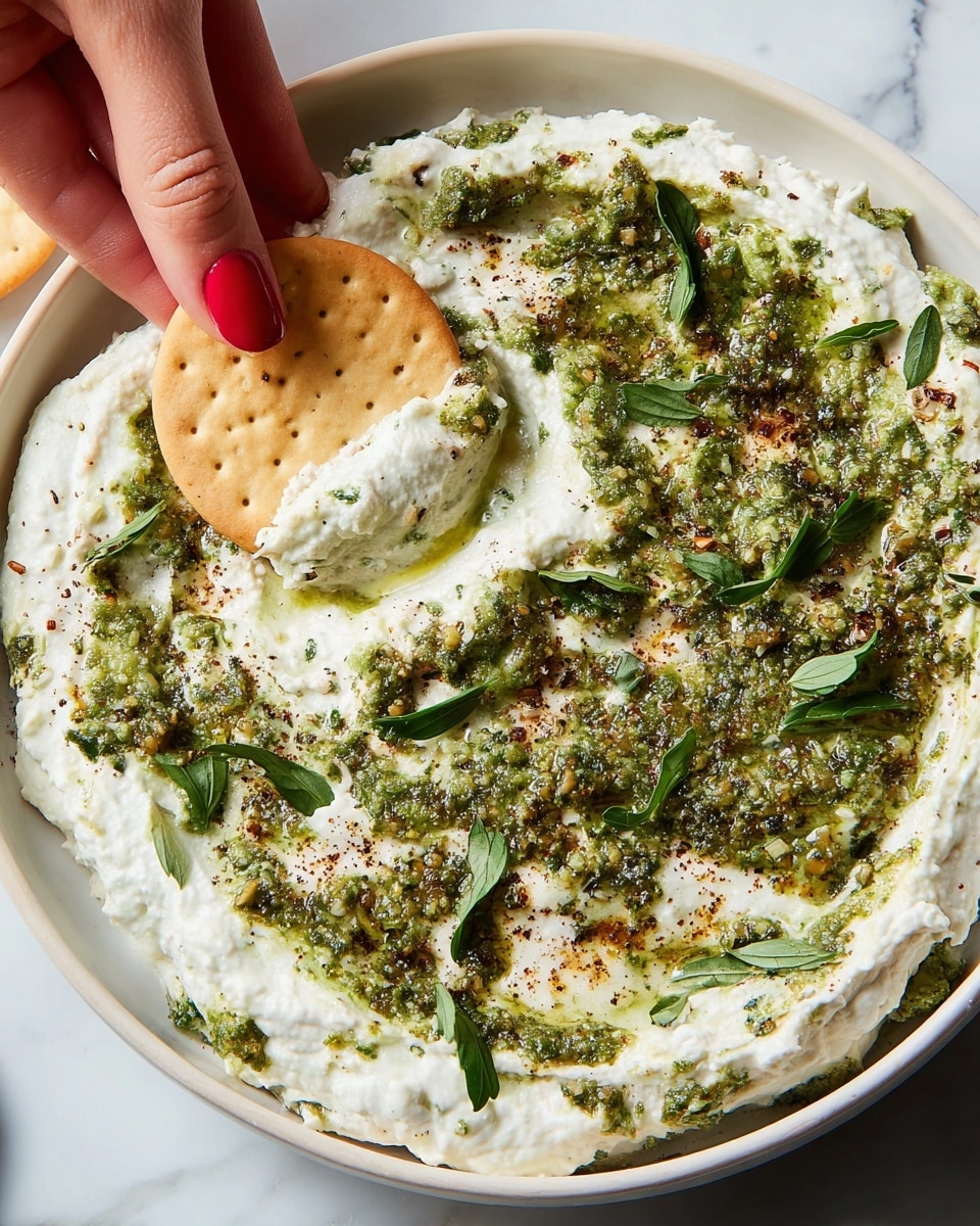 A round white plate filled with two visible layers: the bottom layer is a creamy white dip with a smooth texture, and the top layer is a green chunky spread scattered unevenly across the surface. Small pieces of fresh dark green herbs are sprinkled on top along with a light dusting of brown spices. A woman’s hand with red nail polish is dipping a round light beige cracker into the dip, lifting a scoop that blends both the white and green layers. The plate sits on a white marbled surface. photo taken with an iphone --ar 4:5 --v 7