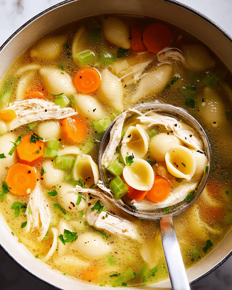 A close-up of a white pot filled with chicken noodle soup showing three main layers: translucent yellow broth with fine bubbles, light beige shell pasta scattered throughout, and shredded white chicken pieces mixed with bright orange carrot slices and light green celery pieces. The soup is topped with small flecks of dark green herbs and black pepper. A silver ladle is dipped into the soup on the bottom right side, holding some pasta and broth. The pot sits on a white marbled surface. Photo taken with an iphone --ar 4:5 --v 7