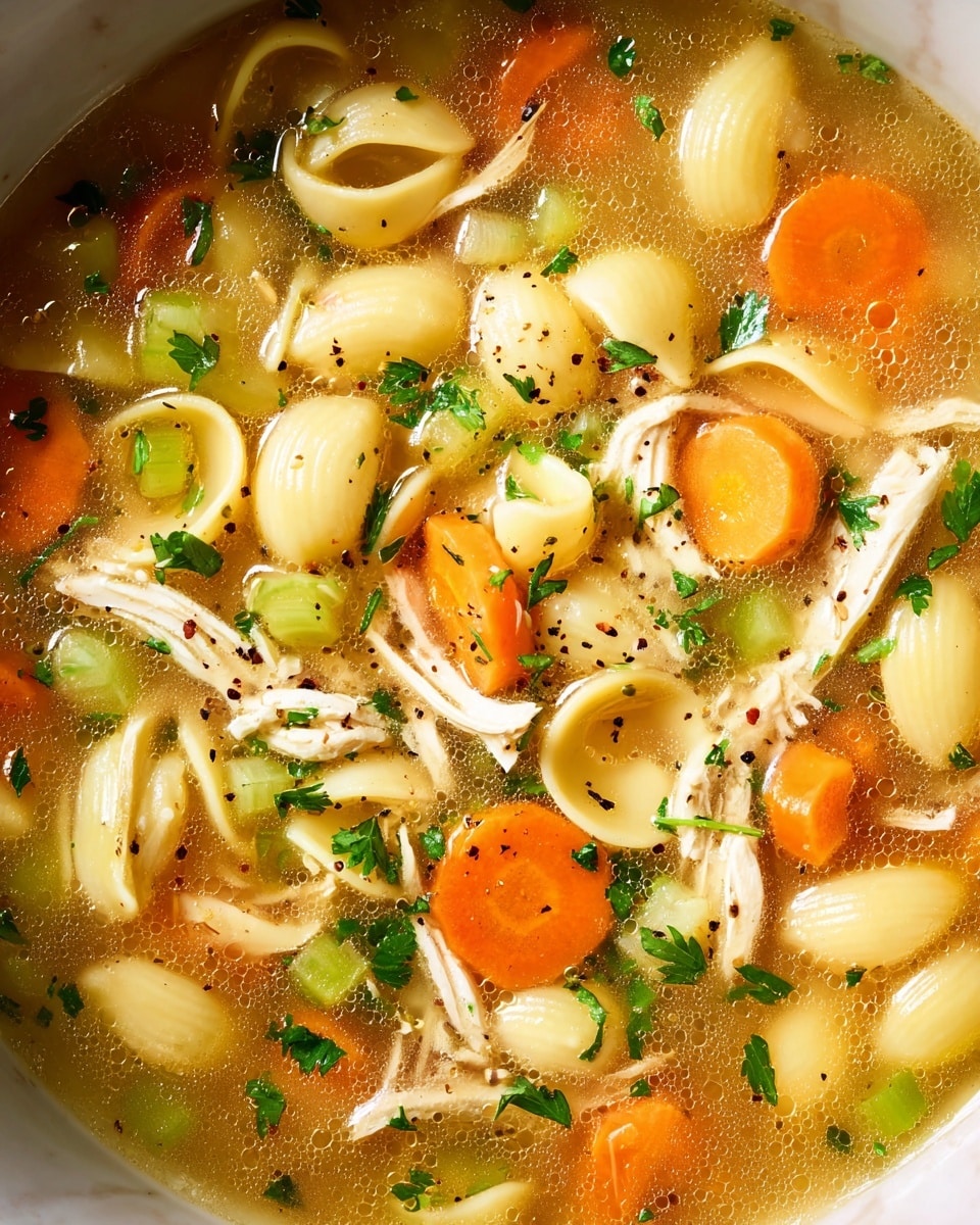 A close-up view of a clear broth soup filled with several layers of ingredients: the base is a warm golden broth with visible oil droplets; floating within are light yellow shell pasta pieces, slices of bright orange carrots, green celery slices, and shredded pale white chicken strips. The soup is sprinkled with finely chopped fresh green herbs and black pepper flakes, all sitting on a white marbled texture background. photo taken with an iphone --ar 4:5 --v 7