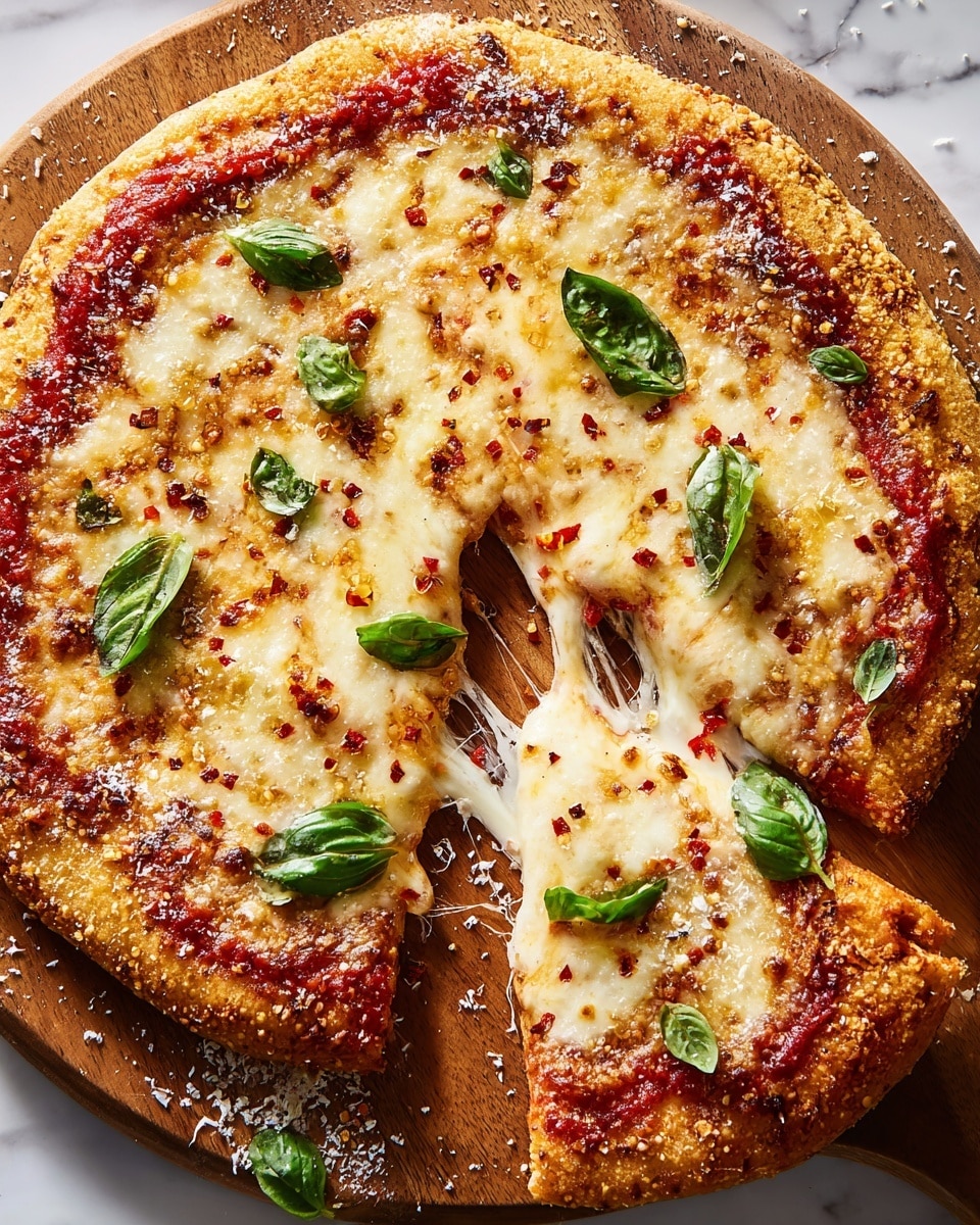A white round pizza on a wooden board shows melted golden-brown cheese as the top layer, sprinkled with red chili flakes and small pieces of grated cheese, beneath which a rich red tomato sauce peeks through near the edges. Fresh bright green basil leaves decorate the pizza, adding a fresh touch on top of the cheese. The crust is thick and golden, with a slightly crispy texture. One slice is being lifted, stretching gooey cheese between the slice and the rest of the pizza. The wooden board has a few scattered salt crystals and basil leaves, and the scene is on a white marbled surface. photo taken with an iphone --ar 4:5 --v 7
