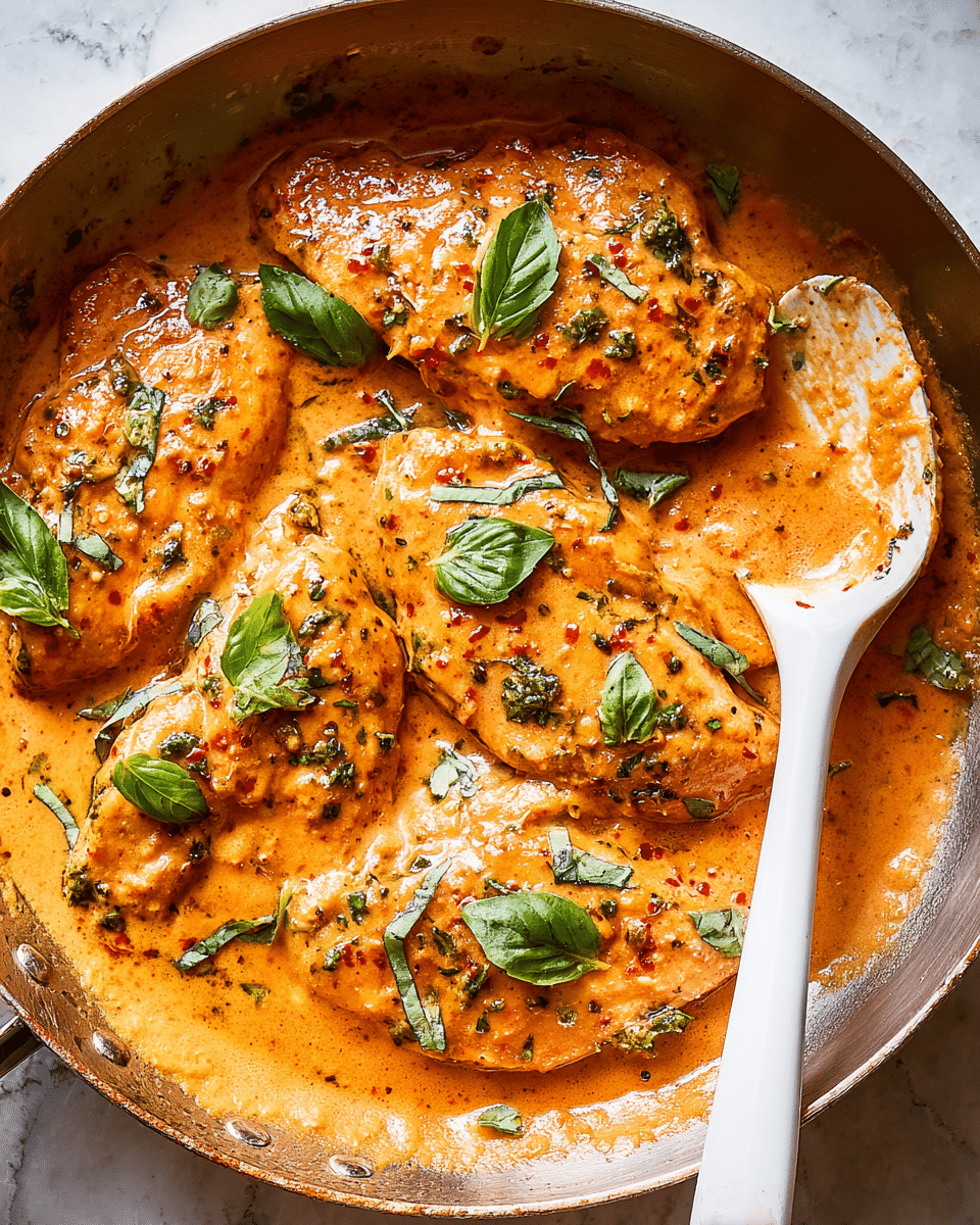 A pan filled with several pieces of light brown chicken covered in a smooth, creamy orange sauce with specks of herbs and spices. Bright green basil leaves are scattered on top, adding contrast to the sauce’s warm color. The sauce is thick and glossy, pooling around the chicken, showing some slight browning from cooking. A white spoon is dipped into the sauce on the right side of the pan. The pan rests on a white marbled textured surface. photo taken with an iphone --ar 4:5 --v 7