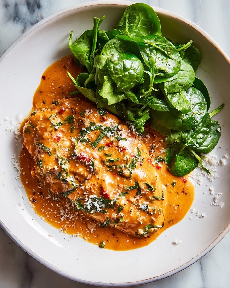 A white plate holds a dish with two main parts: on one side, there is a piece of meat covered in a thick, orange sauce with green herbs mixed in, and small bits of red and white visible. The sauce looks creamy and smooth with some texture, and it spills slightly around the meat, which is near the center and right side of the plate. On the left side, fresh green spinach leaves are piled in a small bunch, with a shiny, slightly wet look and a few drops of oil around them. The whole dish is sprinkled with small white flakes, likely grated cheese, and a light sprinkle of black pepper is scattered over the plate and sauce. The plate rests on a white marbled surface. photo taken with an iphone --ar 4:5 --v 7