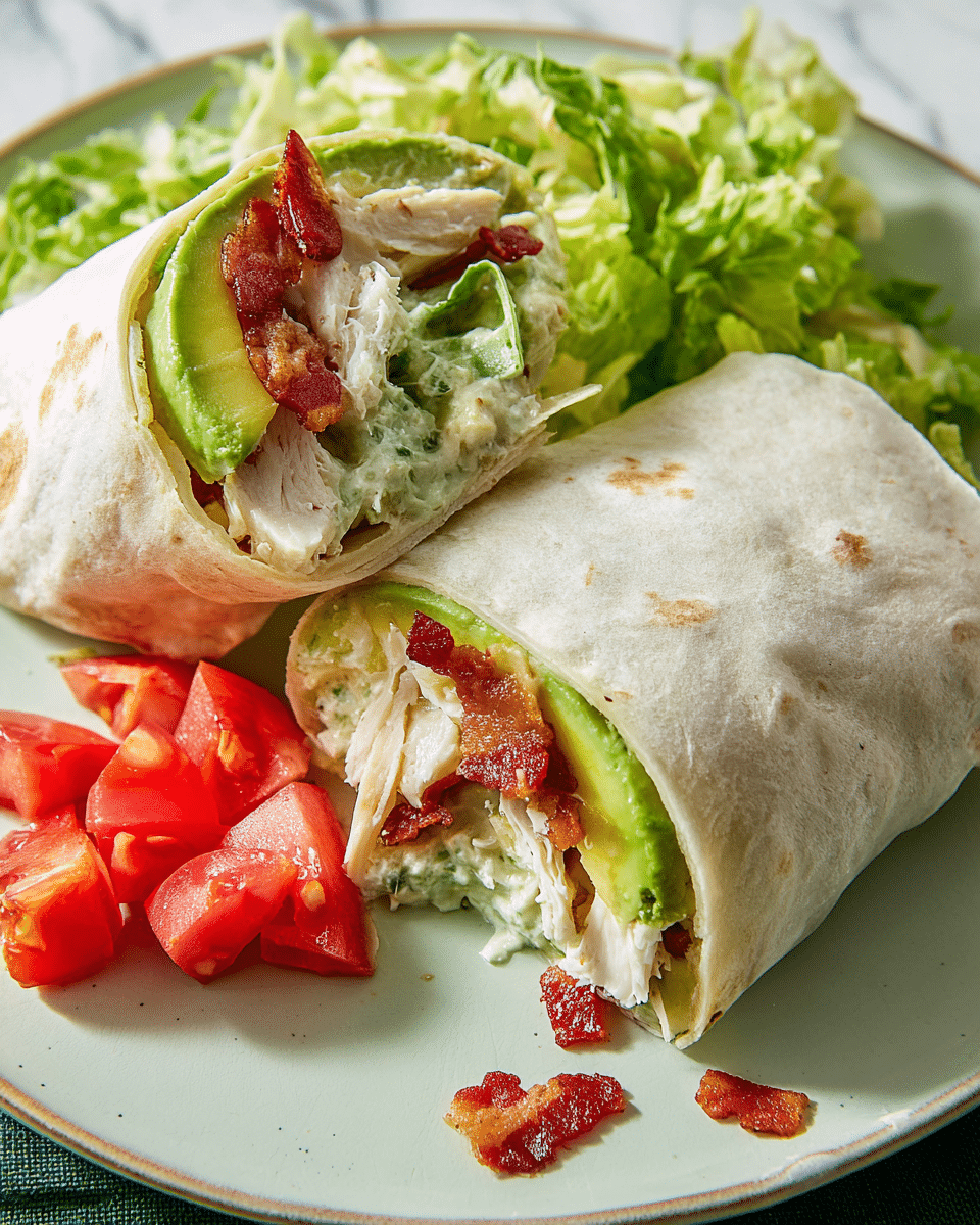 The image shows multiple wraps made from a pale, soft flatbread that is folded over three main layers. The bottom layer features dark green leafy lettuce and pieces of crispy, reddish-brown bacon. On top of that are chunks of white cooked chicken with a lightly textured surface. The top layer includes a light green creamy sauce that is slightly dripping. The wraps are displayed overlapping on a wooden board with some scattered bits of lettuce and chicken around them, set against a white marbled texture background. Photo taken with an iphone --ar 4:5 --v 7