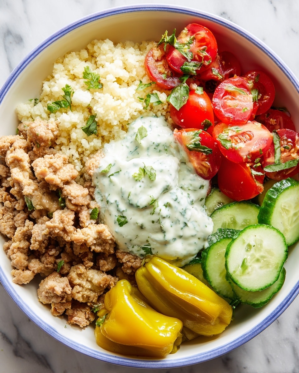 Two glass meal prep containers sit side by side on a white marbled surface. Each container is divided into two sections: the top section holds a fresh salad with chopped red cherry tomatoes, diced green cucumbers, and white onions, with three cucumber slices and a dollop of creamy white sauce with green herbs on the side. The larger bottom section contains a base layer of light yellow cauliflower rice topped with seasoned cooked ground chicken in light brown color. Two yellow-green pickled peppers rest on the cauliflower rice in the right container. The entire scene is bright and clear, showing the fresh textures and colors of the ingredients. photo taken with an iphone --ar 4:5 --v 7