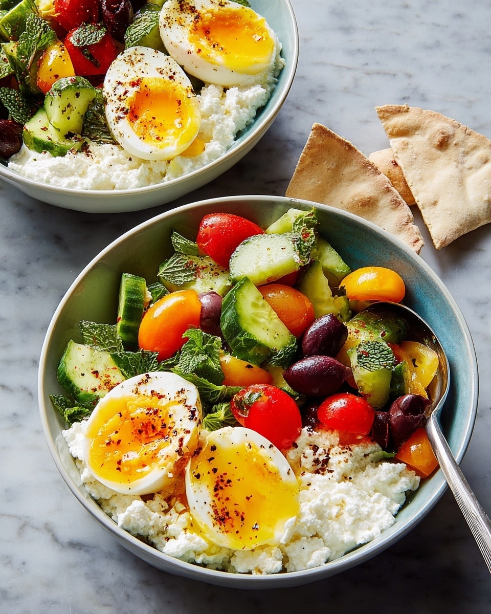 A white bowl holds a colorful layered salad on a white marbled background. The bottom layer is white cottage cheese with a grainy texture, topped by two halves of a boiled egg with bright orange yolks and smooth white edges, sprinkled lightly with black pepper and herbs. Next to the eggs is a mix of sliced green cucumbers with a shiny, moist surface, and cherry tomatoes cut into halves showing their juicy red, orange, and dark purple interiors. Scattered green capers, dark purple olive slices, and fresh green mint and parsley leaves add extra texture and color. Three golden-brown toasted pita chips with a crisp texture rest on the side of the cottage cheese. photo taken with an iphone --ar 4:5 --v 7