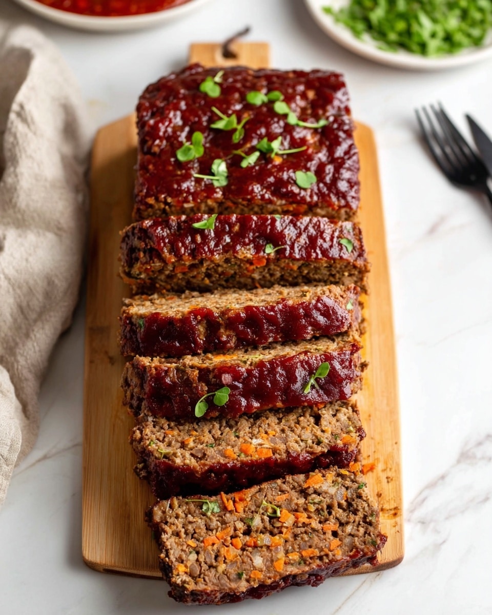 A rectangular meatloaf sliced into six thick pieces sits on a wooden board. The top layer is a dark red glossy glaze with a slightly rough texture, sprinkled with small fresh green herb leaves. The inside layers show a dense mixture of ground meat combined with visible bits of diced orange carrots and finely chopped onions, all mixed into a textured brown base. The bottom slice is slightly pulled out, showing the layered filling clearly. The scene is set on a white marbled surface, with a white plate of red sauce and green herbs visible in the background, and a beige cloth with a black fork nearby. Photo taken with an iphone --ar 4:5 --v 7