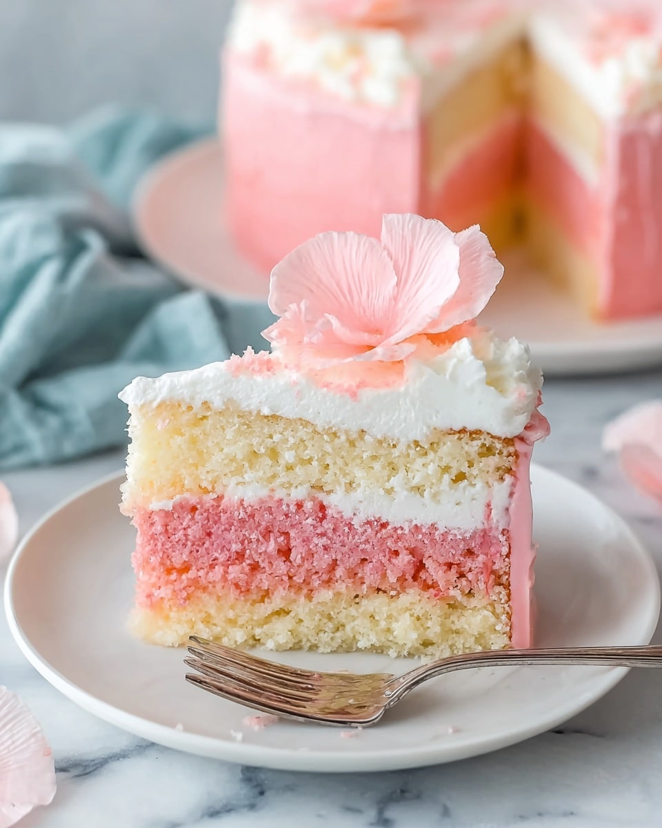 A slice of three-layer cake sits on a white plate with a silver fork in front. The bottom layer is light yellow with a crumbly texture, the middle layer is thick and pink with a soft, moist texture, and the top layer is white cream, thick and fluffy. The entire cake slice is coated with a smooth pink glaze that covers the sides and top. On top of the slice, there is a light pink flower petal as decoration. In the background, the rest of the cake can be seen on a white plate. The setting is on a white marbled surface with a soft blue cloth blurred out in the background. Photo taken with an iphone --ar 4:5 --v 7