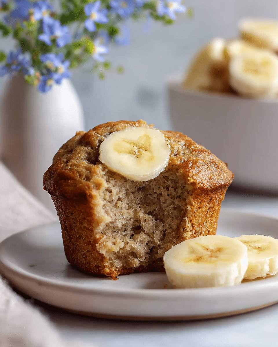 A close-up image of a moist banana muffin with a golden-brown crust and a soft, dense interior showing a bite taken out from the front. The muffin has a light tan crumb with specks of banana inside, topped with a single round slice of fresh banana placed in the center. It sits on a simple white plate with a couple more banana slices lying on the right side of the plate. The background features a blurred white vase with small blue flowers and a white bowl filled with banana slices, all set on a white marbled surface. photo taken with an iphone --ar 4:5 --v 7