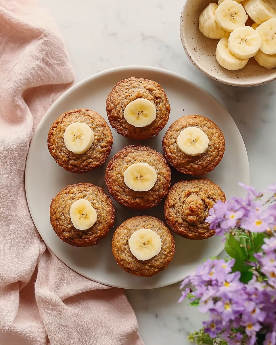 A white plate holds six golden-brown banana muffins arranged in a circular pattern, each topped with a single round slice of fresh banana that is pale yellow with light brown specks. The muffins have a textured, slightly cracked top surface showing their soft and moist interior. The plate sits on a light pink cloth with soft folds, placed on a white marbled surface. To the right, there is a beige bowl filled with more banana slices, and a pot of small purple flowers with green leaves decorates the background. Photo taken with an iphone --ar 4:5 --v 7