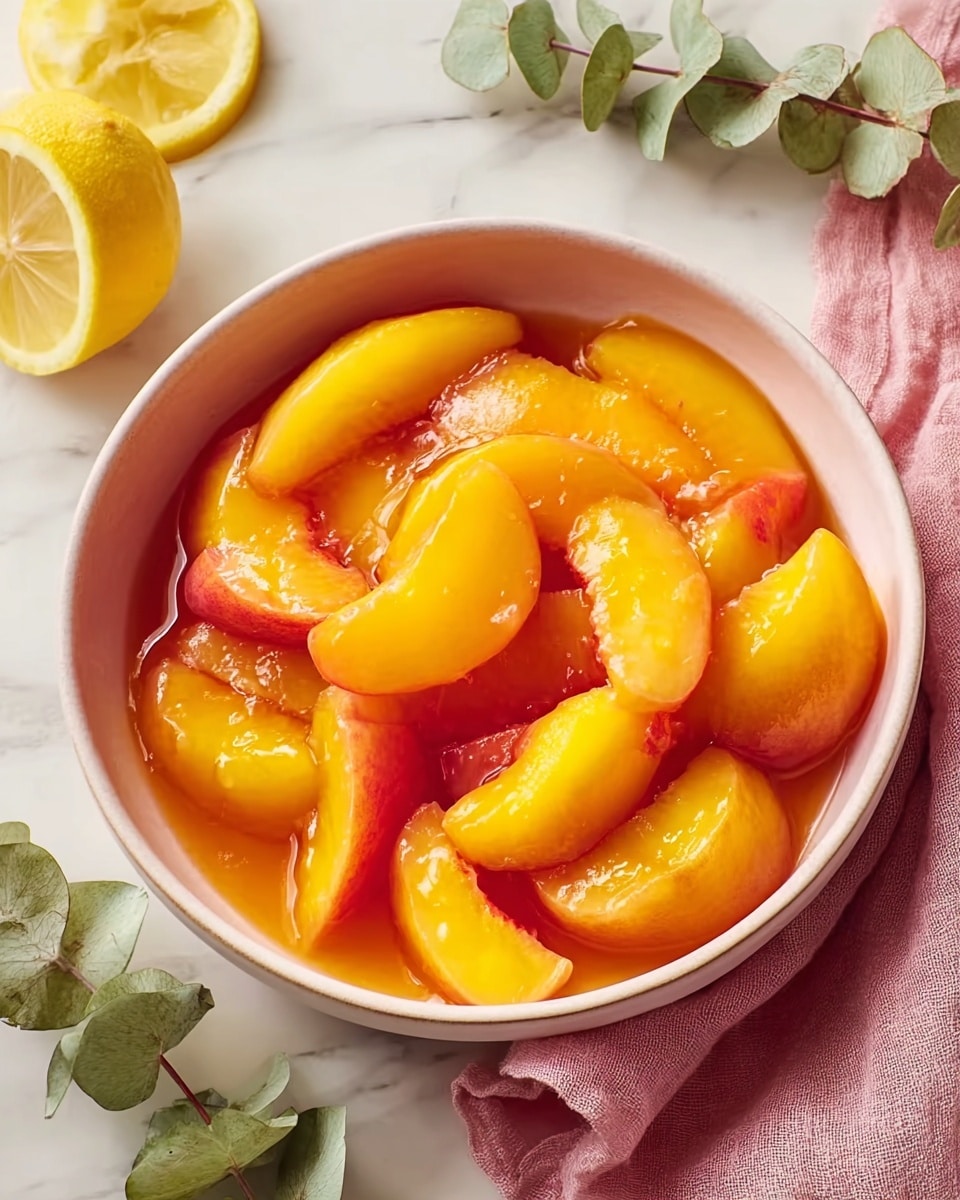 The image shows a bowl filled with juicy peach slices, each piece thick and coated in a glossy, syrupy glaze that makes the vibrant orange and yellow colors shine. The peaches are cut into uneven but inviting chunks, some with a hint of red skin still attached, giving the dish a fresh, natural look. The bowl is white and round, resting on a soft pink cloth with a half-sliced lemon and green eucalyptus leaves nearby on a white marbled surface, adding a fresh and bright touch to the setting. photo taken with an iphone --ar 4:5 --v 7