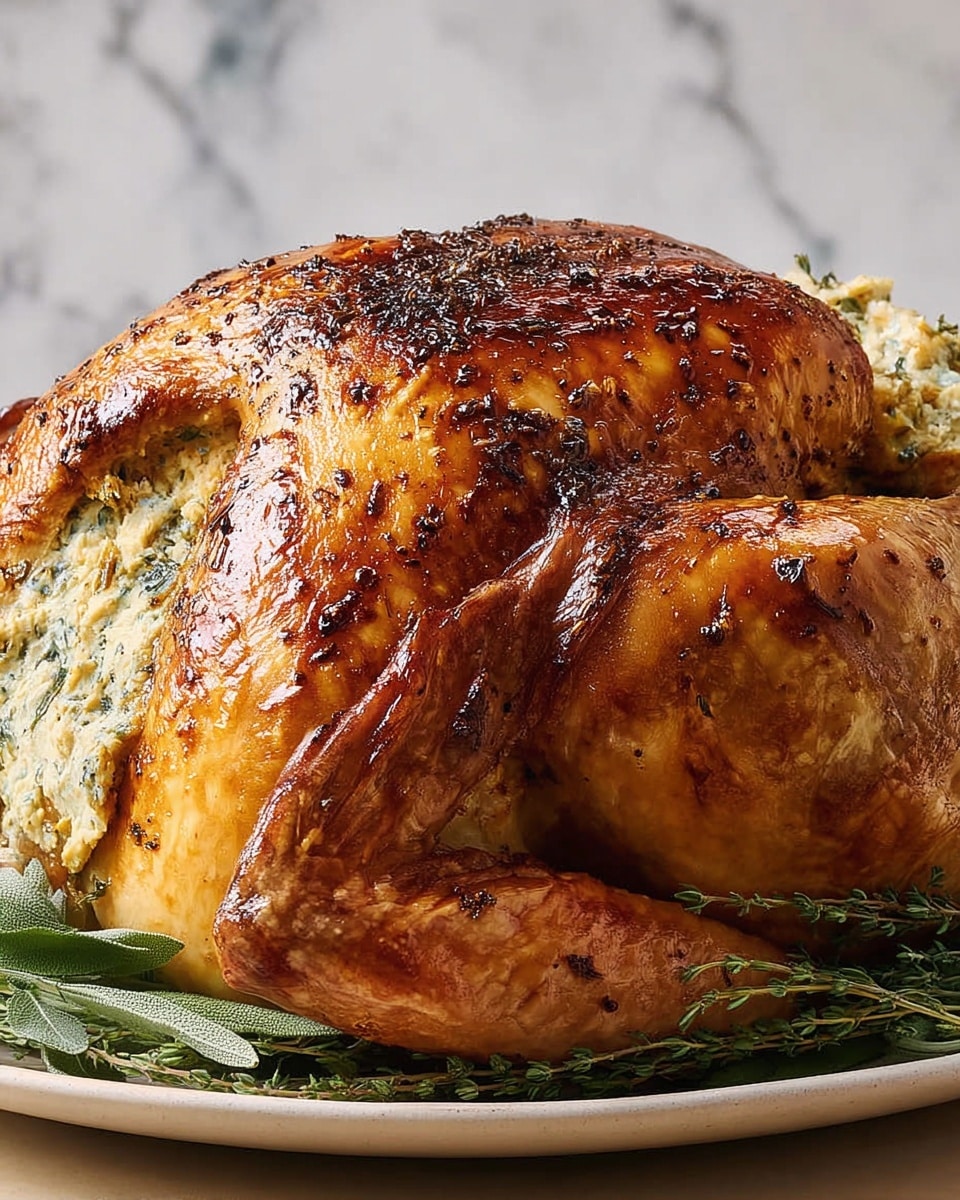 A whole roasted golden-brown turkey sits on a white plate, showing a crispy, shiny skin with dark brown seasoning spots. The turkey is stuffed with a creamy herb filling visible at the opening, which is a light beige color mixed with green herbs. Sprigs of fresh green thyme and sage lay underneath and around the turkey, adding a touch of color and texture. The background has a soft white marbled texture that highlights the warm tones of the bird. The turkey’s wings are neatly tucked in, and the lighting brings out the moist and tender look of the skin. photo taken with an iphone --ar 4:5 --v 7