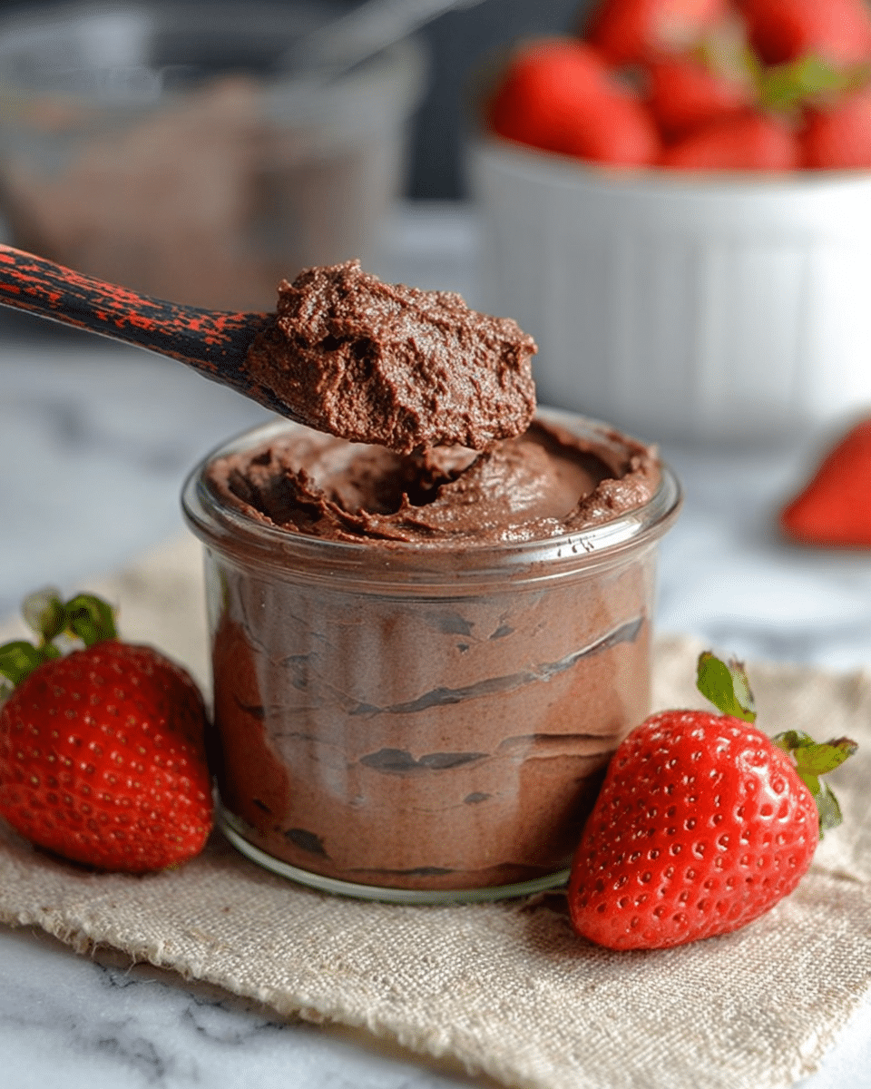 A small clear glass jar filled with smooth, thick, and creamy dark brown chocolate mousse, showing light swirls and texture from stirring. A wooden spoon with a dark patterned handle rests on top of the jar, holding a large scoop of the mousse, revealing its fluffy and airy texture. Around the jar, several bright red strawberries with green tops are placed on a beige textured cloth, all set on a white marbled surface. In the blurry background, a white bowl with more strawberries and a transparent container can be seen. Photo taken with an iphone --ar 4:5 --v 7