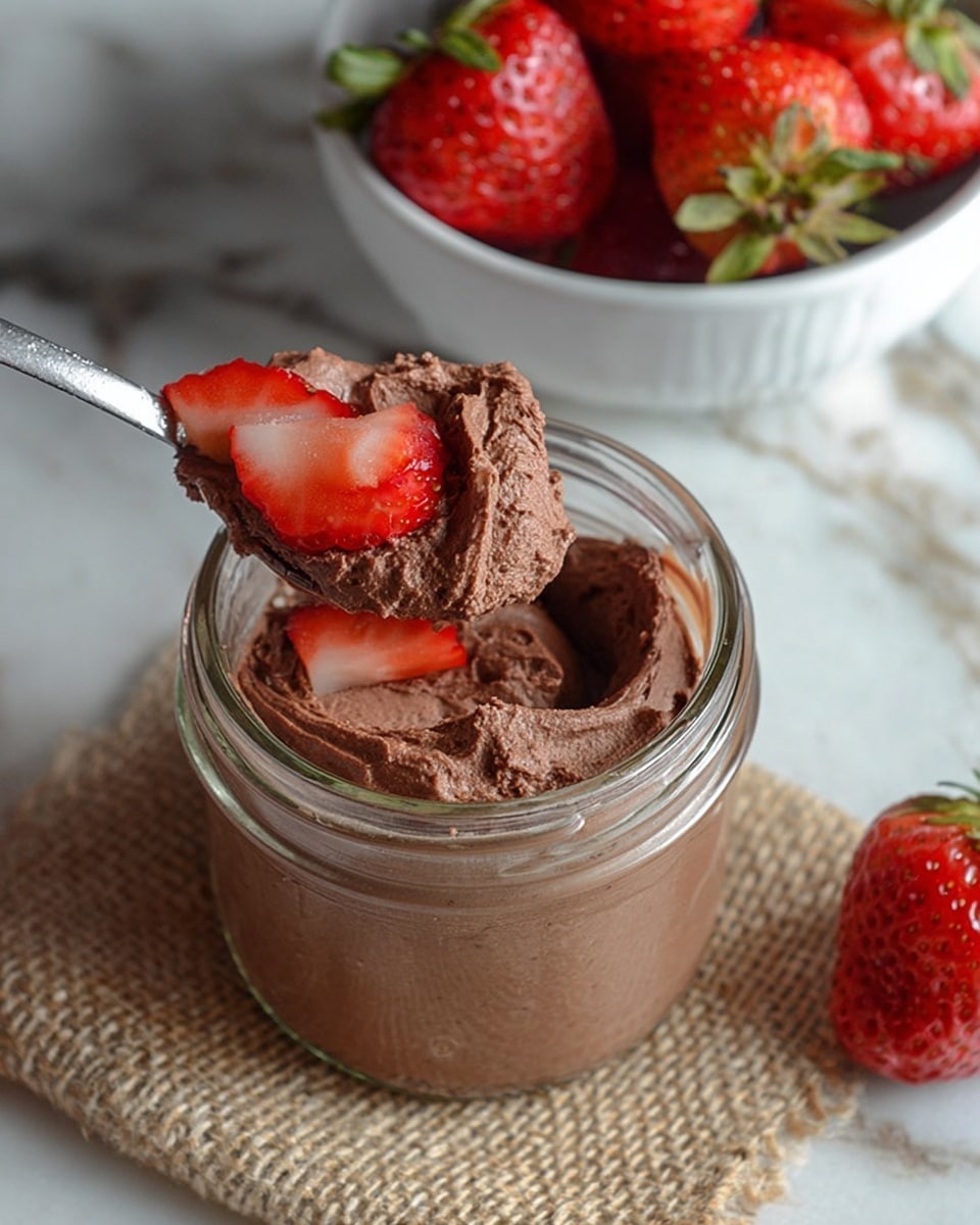 A clear glass jar filled with thick, creamy chocolate mousse that has a smooth texture with some airiness and a rich brown color. Inside the mousse, bright red strawberry slices peek through, adding a fresh contrast. A silver spoon holds a scoop of the mousse with a strawberry slice embedded in it, positioned just above the jar. The jar sits on a piece of beige burlap fabric on a white marbled surface. In the background, a white bowl holds three fresh, whole strawberries with green tops visible. One loose strawberry lies near the jar on the marbled surface. Photo taken with an iphone --ar 4:5 --v 7