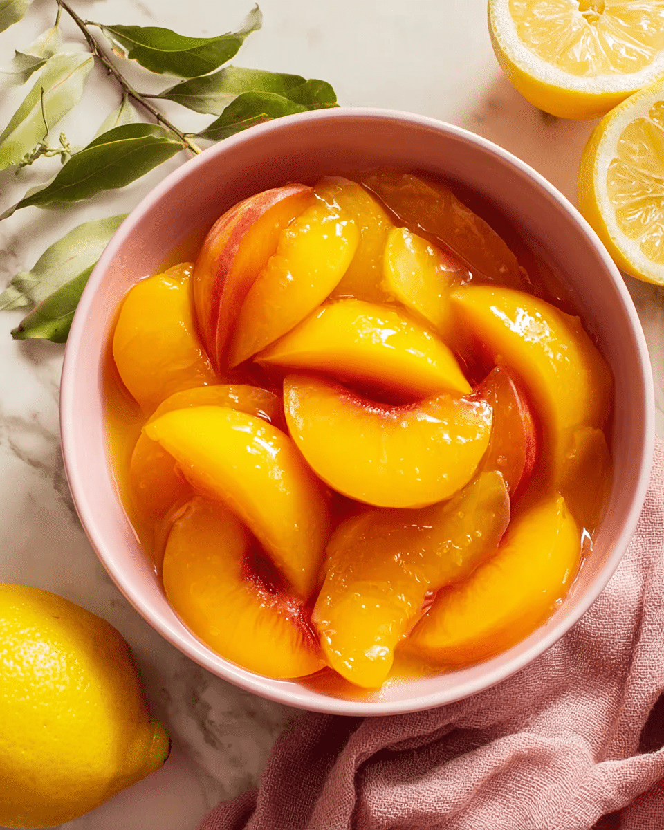 A close-up of a bowl filled with glossy, juicy peach slices in a thick syrup, with about two layers of large, bright yellow and orange peach pieces visible, some with hints of red skin on the edges, sitting in a light pink bowl on a white marbled surface next to half a lemon, green leaves, and a soft pink cloth. photo taken with an iphone --ar 4:5 --v 7