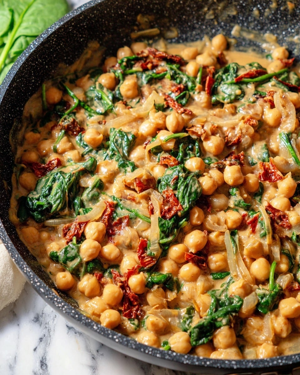 A close-up view of a cooked dish in a speckled black non-stick pan filled with creamy chickpeas mixed with light brown sauce, wilted dark green spinach leaves, small pieces of translucent cooked onions, and thin strips of red sun-dried tomatoes, all evenly combined with a slightly thick texture. The background shows a white marbled surface with a green spinach leaf just out of focus on the left side. photo taken with an iphone --ar 4:5 --v 7