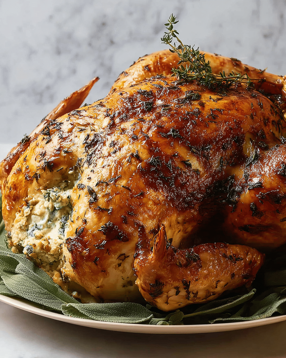 A whole roasted chicken with a crispy, golden-brown skin speckled with herbs sits on a white plate lined with fresh green thyme and sage leaves. The chicken's surface is shiny and textured, showing a well-roasted glaze with charred spots. One side wing is folded neatly against the body, and the cavity is filled with a white, herb-studded stuffing visible from the front. A small sprig of thyme rests on the top, adding a touch of green contrast to the warm browns. The background has a subtle white marbled texture. photo taken with an iphone --ar 4:5 --v 7
