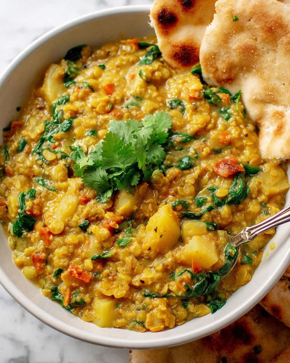 A white bowl filled with a thick stew made from yellow lentils, mixed with chunks of soft potatoes, bright green spinach leaves, and small pieces of orange tomato. The stew has a creamy texture with visible layers of cooked vegetables and herbs, garnished with a sprig of fresh cilantro. On the side of the bowl, there are folded pieces of lightly browned naan bread resting against the stew. The whole setup is on a white marbled surface, and a silver spoon is partially submerged in the stew. Photo taken with an iphone --ar 4:5 --v 7