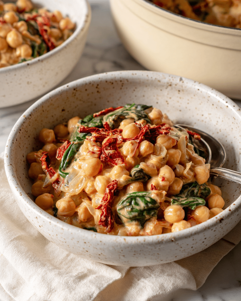 The image shows a white speckled bowl filled with a creamy chickpea dish. The dish has three main layers: a base of light beige chickpeas coated in a smooth, thick creamy sauce, bright red sun-dried tomato strips mixed throughout, and some visible dark green spinach leaves along with small chunks of translucent, cooked onions. The bowl is placed on a soft, off-white cloth, with part of another similar bowl and a bit of a large pot visible in the background on a white marbled surface. A silver spoon is partially seen inside the bowl photo taken with an iphone --ar 4:5 --v 7