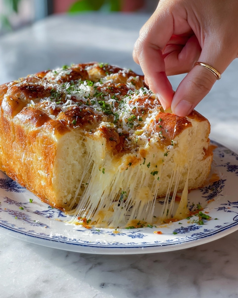 A close-up of a loaf of soft, golden brown bread cut into four thick slices sitting on a white plate with a blue pattern. The top of each slice is covered with a layer of melted creamy cheese that drips down the sides, sprinkled generously with finely grated white cheese and small green chives. The plate rests on a white marbled surface with some scattered chives, and blurred green leaves are in the background. photo taken with an iphone --ar 4:5 --v 7