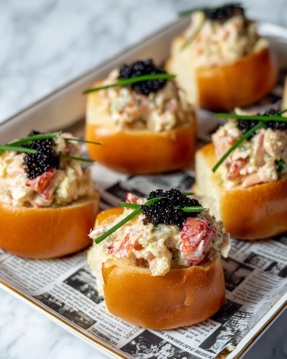 The image shows five small lobster rolls placed on a white plate lined with black and white printed newspaper-style paper. Each lobster roll has three main layers: a shiny, golden-brown soft bun base, a creamy lobster salad filling with chunks of lobster meat mixed in a light sauce with visible bits of herbs, and a topping of shiny black caviar. A small green chive garnish rests on top of the caviar on most of the rolls. The white marbled surface is visible in the background, giving a clean and elegant look. Photo taken with an iphone --ar 4:5 --v 7