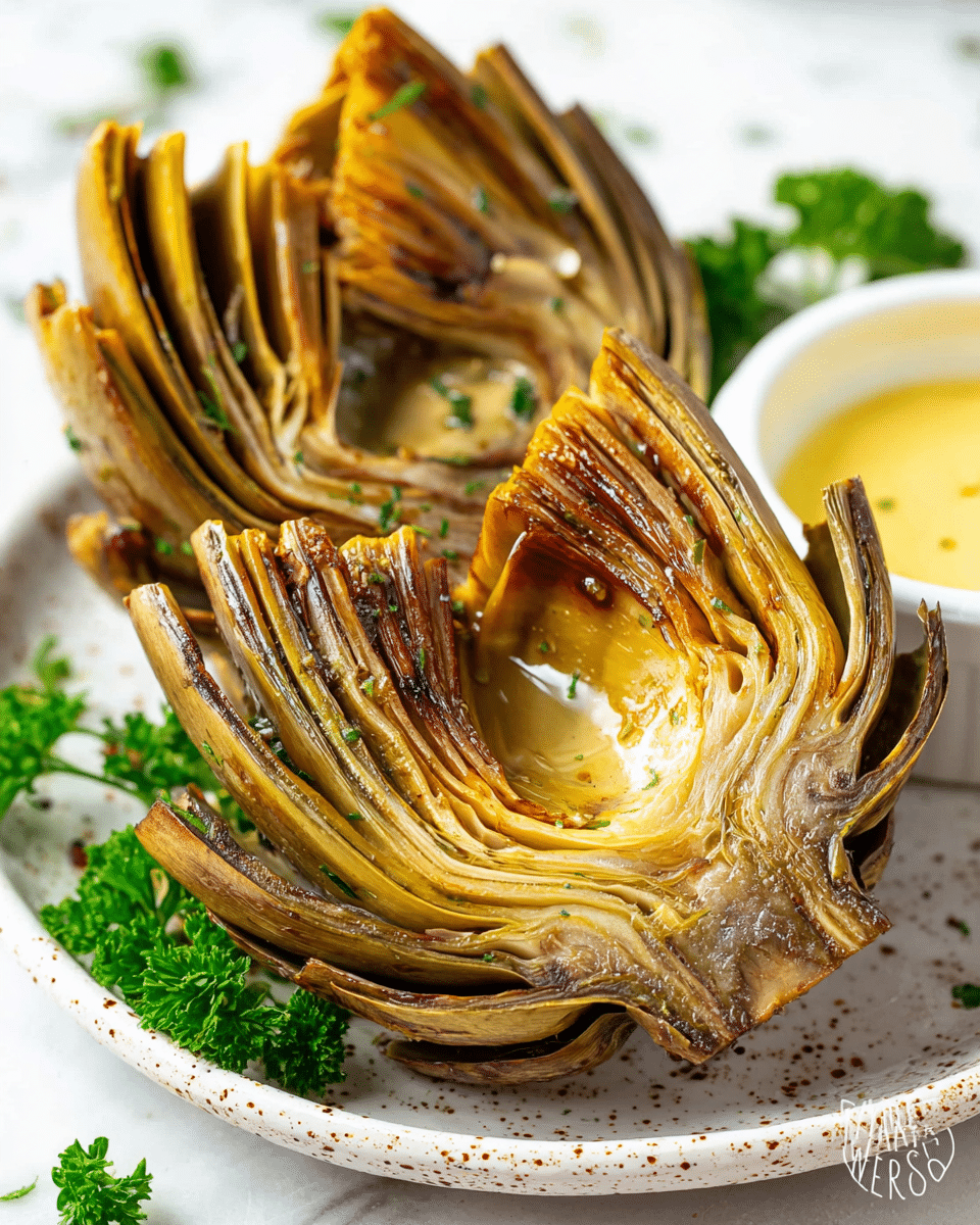 This image shows two grilled artichokes cut in half, each with multiple layered leaves that are crispy and browned at the edges, revealing the soft, light green inside. The artichokes sit on a white plate with small brown speckles, and the plate rests on a white marbled textured surface. To the side, there is a small white bowl filled with a creamy yellow sauce, and some green parsley is placed on the plate near the artichokes. The artichokes have a glossy, slightly oily texture on the surface from grilling. Photo taken with an iphone --ar 4:5 --v 7