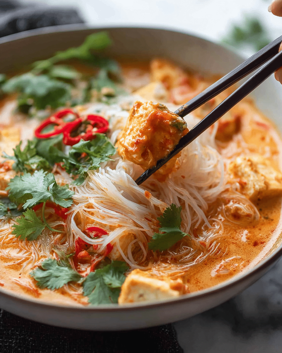 A bowl filled with a rich, orange-red broth forms the base layer, covered with thin, light brown noodles slightly soaking in the soup. On top, there are pieces of light golden fried tofu and white shredded chicken meat. Bean sprouts and bright red chili slices are scattered on the surface, adding texture and pops of color. Green cilantro leaves with jagged edges sit on top as garnish. A dollop of dark red chili paste rests near the center. A white ceramic spoon with some broth is placed inside the bowl on the left side. Wooden chopsticks are laid diagonally across the bowl from the right side. The bowl is set on a white marbled surface with some lime wedges and a small bowl of dark chili sauce in the background. Photo taken with an iphone --ar 4:5 --v 7