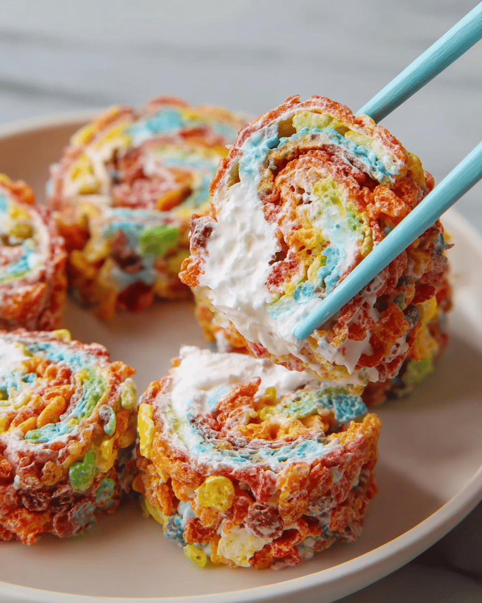 A close-up of a round, colorful dessert roll held by light blue chopsticks, showing three visible layers: the outer layer is made of crunchy, multicolored cereal pieces in red, orange, yellow, green, and blue; the middle layer is white and creamy, appearing soft and whipped; and the hollow core is visible through the swirls of cereal and cream. The rolls are arranged on a white plate with a smooth surface, resting on a white marbled texture background. Photo taken with an iphone --ar 4:5 --v 7