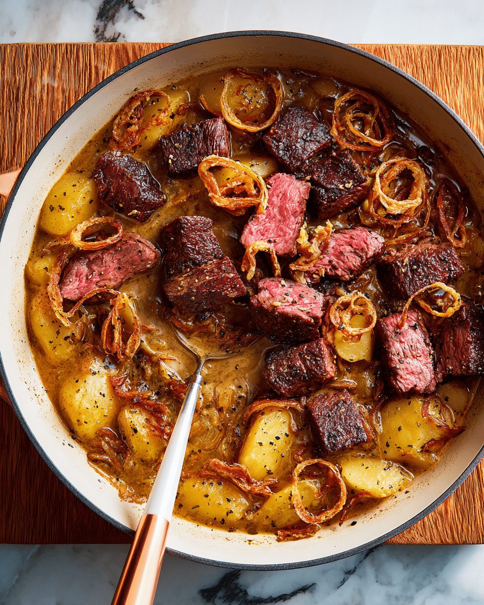 A large white skillet filled with a stew made of several layers: at the bottom, light golden-yellow potato slices partly submerged in thick light brown gravy with visible black pepper specks; above this, chunky pieces of medium-rare beef with dark brown charred edges and pink centers scattered evenly; on top, a generous layer of thin crisp golden-brown fried onion rings dispersed around the beef. A white ladle with a white and copper handle rests inside the skillet, slightly lifting some potato slices and gravy. The skillet sits on a wooden board over a white marbled surface. photo taken with an iphone --ar 4:5 --v 7