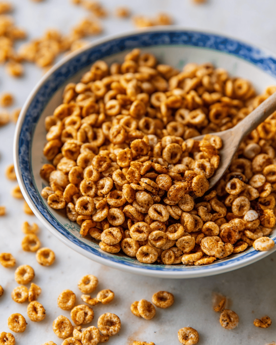 A close-up of a white bowl with a blue rim filled with small, round, toasted cereal pieces that are golden brown with some darker spots, showing a crunchy texture. The bowl sits on a white marbled surface, with more of the same cereal scattered around it. A wooden spoon is partially visible inside the bowl, adding a warm contrast to the scene. photo taken with an iphone --ar 4:5 --v 7