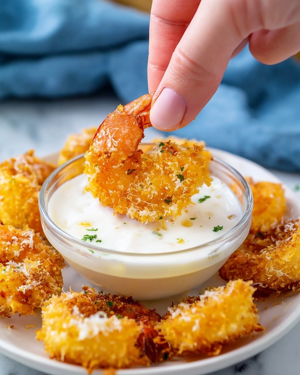 A close-up view of a crispy golden-brown fried shrimp being dipped into a creamy white sauce in a small clear glass bowl. The shrimp is coated with a golden, textured crumb layer with small white flakes and green herb bits sprinkled on top. The bowl is sitting on a white plate with more fried shrimp pieces around it, all on a white marbled surface. A woman's hand is holding the shrimp gently between thumb and forefinger. In the background, there is a soft blue cloth slightly out of focus. photo taken with an iphone --ar 4:5 --v 7