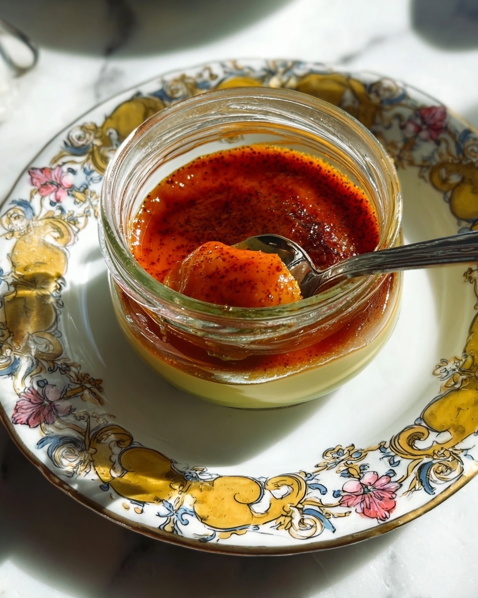 A clear glass jar contains a dessert with two distinct layers; the top layer is a shiny, deep amber caramel with a cracked texture, while underneath is a smooth, creamy pale yellow custard. A vintage silver spoon is dipped into the jar, scooping some of the custard. The jar sits on a white plate decorated with ornate floral patterns in yellow, pink, and blue, all set against a white marbled surface. Sunlight casts soft shadows around the jar, highlighting the glossy caramel surface. photo taken with an iphone --ar 4:5 --v 7