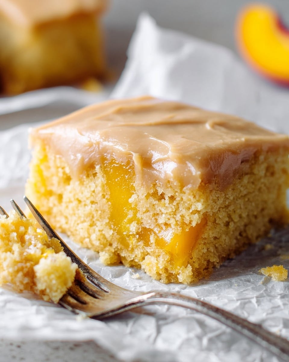 The image shows a close-up view of a square slice of moist yellow cake with chunks of bright orange peach inside, resting on crinkled white paper. The cake has a smooth, light brown glaze layer on top that looks slightly shiny with a few cracks. A silver fork is placed to the left of the cake, and a blurred peach slice is visible in the background, all set on a white marbled texture. The photo taken with an iphone --ar 4:5 --v 7