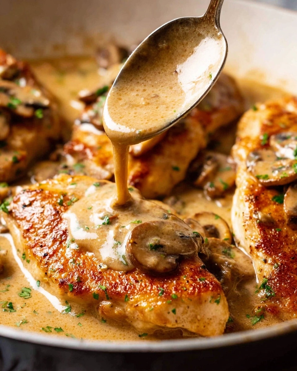 A close-up of golden-brown cooked chicken breasts in a white pan, covered with a thick light brown creamy mushroom sauce that has small chunks of mushrooms and herbs sprinkled on top. A spoon is pouring the sauce over the chicken, adding smooth texture and shine. The chicken pieces have a crispy surface with green herb bits scattered over them. The background shows a white marbled texture blurred softly. Photo taken with an iphone --ar 4:5 --v 7