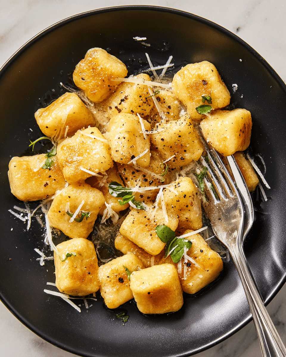 A black plate holds a serving of golden-brown gnocchi pieces, each roughly square-shaped with a slightly crispy texture on top. The gnocchi are coated in a glistening layer of butter sauce, with some specks of black pepper scattered across. Thin shreds of white parmesan cheese and small green herb leaves are sprinkled over the gnocchi, adding contrast to the warm colors. A silver fork rests on the right side of the plate, touching some of the gnocchi. The plate is placed on a white marbled surface. Photo taken with an iphone --ar 4:5 --v 7